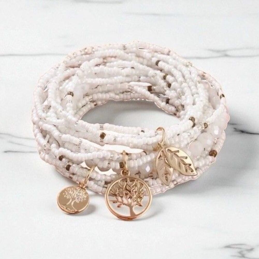 Bohemian White Agate Beaded Stacking Bracelets - Set Of 3 - Tree Of Life